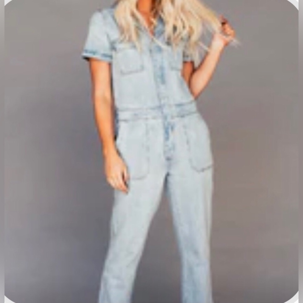 Dressed In LALA “Willa Denim Jumpsuit” Short Sleeve Pockets S/M